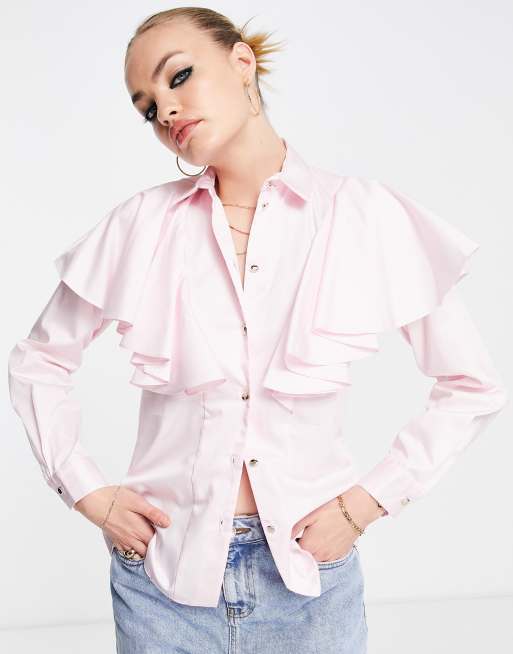 Closet London - Overhemd met knoopsluiting en ruches in roze