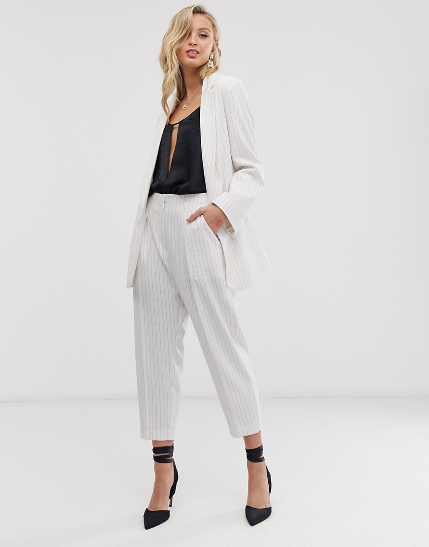 Closet London paperbag waist cropped trouser in oatmeal stripe-White