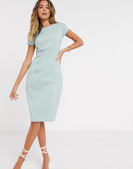 Closet London pencil dress with ruched cap sleeve in sage