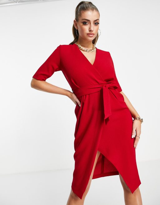 Closet London pencil dress with tie front in red | ASOS