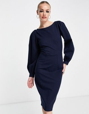 Closet London pencil midi dress with pleated sleeve in navy