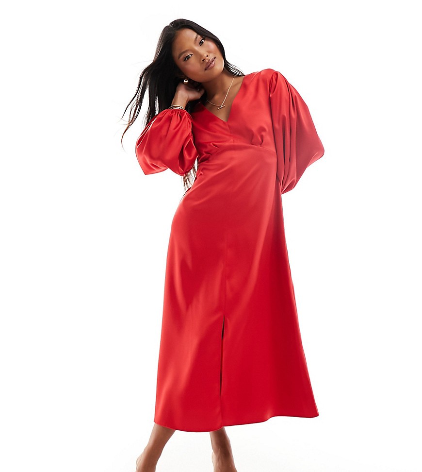 balloon sleeve midaxi dress in red