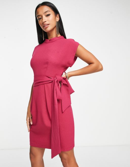 Closet London Petite belted tie waist mini dress in berry | ASOS