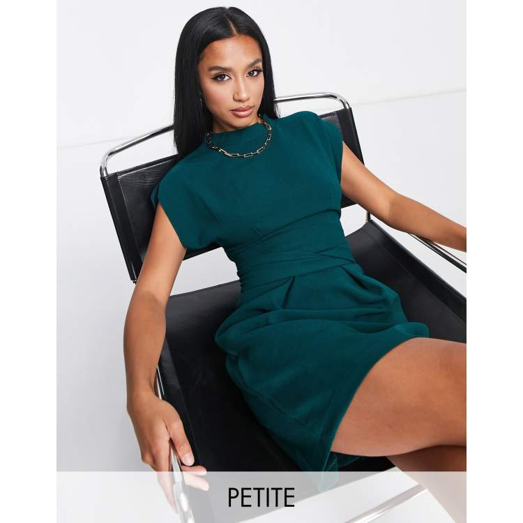 Closet London Petite belted tie waist mini dress in emerald green