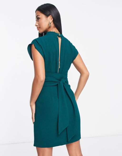 Closet London Petite belted tie waist mini dress in emerald green