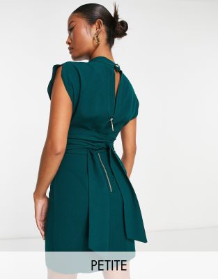 CLOSET LONDON PETITE BELTED TIE WAIST MINI DRESS IN EMERALD-GREEN