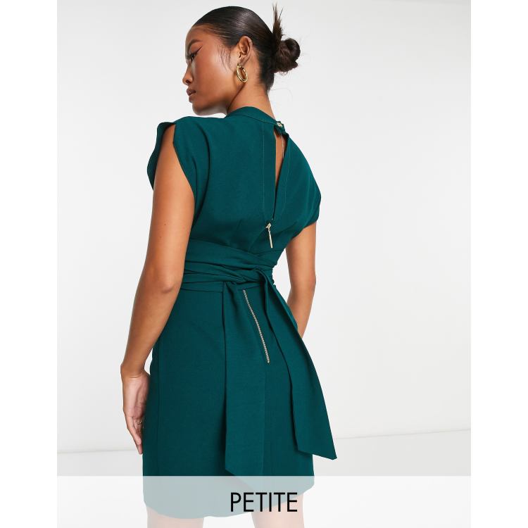 Closet London Petite belted tie waist mini dress in emerald