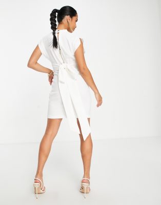 Closet London Petite belted tie waist mini dress in ivory