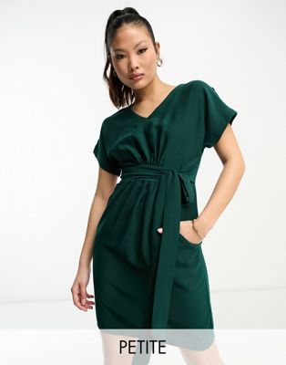 Closet London Petite Belted Tie Waist Mini Dress In Emerald-green