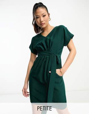 Closet London Petite Closet London Petite belted tulip mini dress in emerald-Green