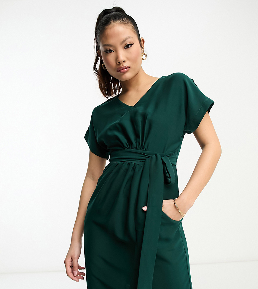 Closet London Petite belted tulip mini dress in emerald-Green