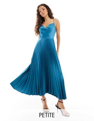 cowl neck pleated midaxi dress in petrol blue