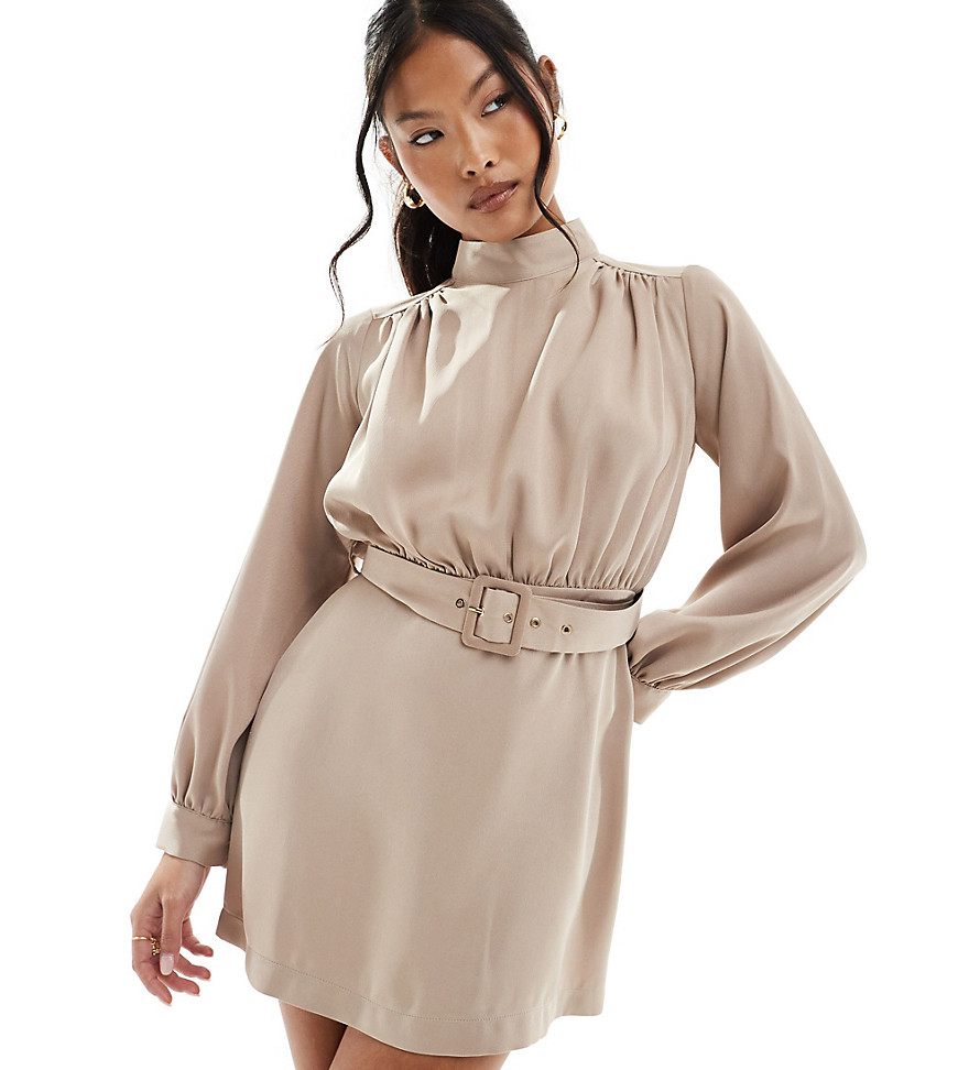 high neck belted midi dress in mocha-Brown