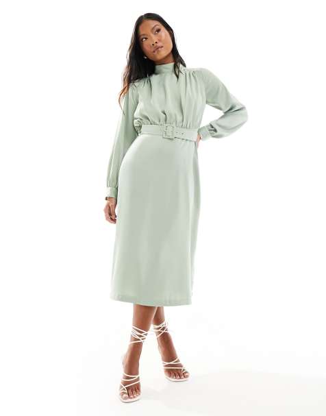 High Neck lace long Sleeve Midi Dress in Green