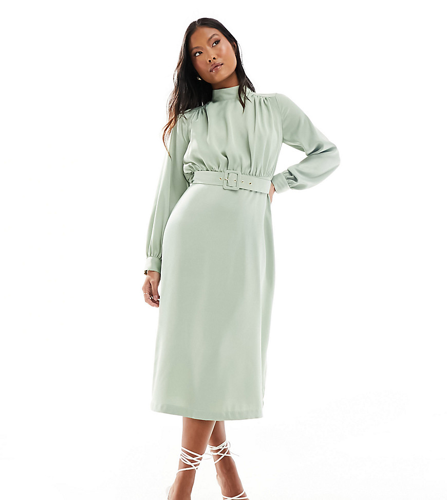 high neck belted midi dress in sage green