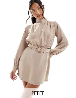Closet London Petite Closet London Petite high neck belted mini dress in mocha-Brown