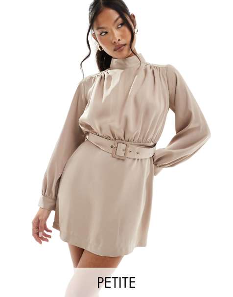 Closet London Petite high neck belted mini dress in mocha - view 1