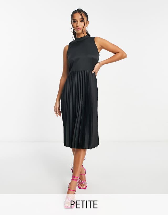 Closet London Petite high neck pleated midi dress in black