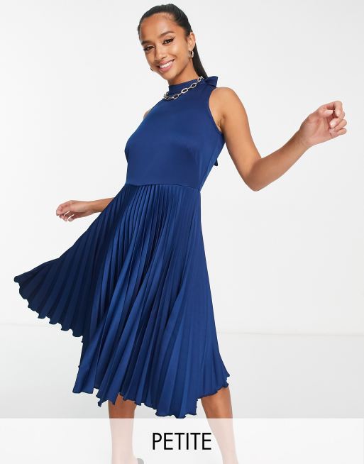 Closet London Petite high neck pleated midi dress in navy