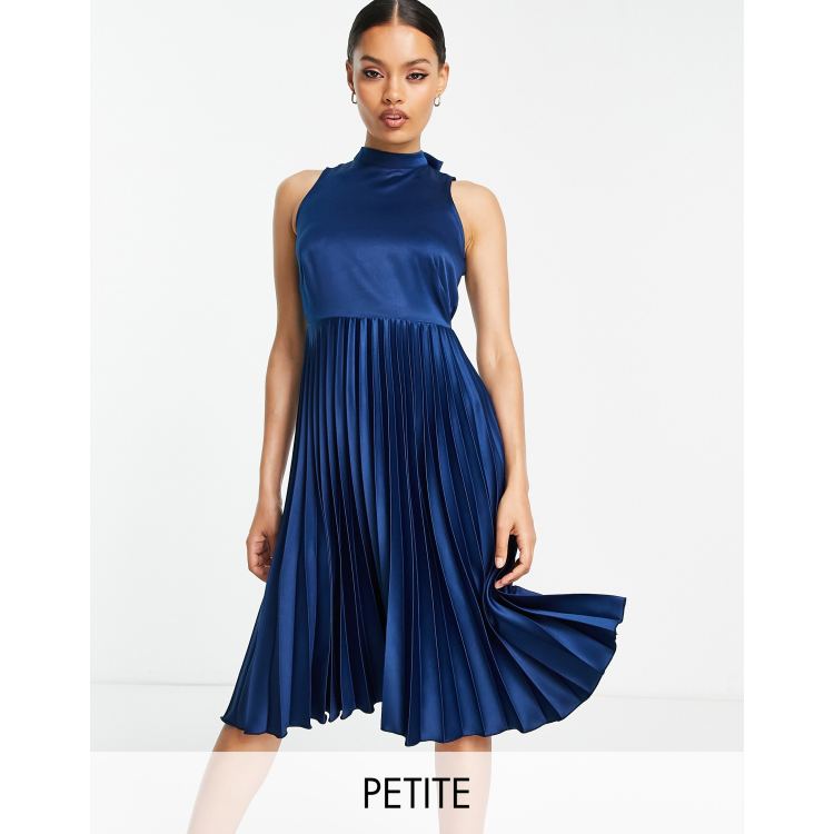 Closet London Petite high neck pleated midi dress in navy | ASOS