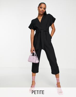 Closet London Petite - Jumpsuit in Schwarz mit Bindegürtel und Kimonoärmeln