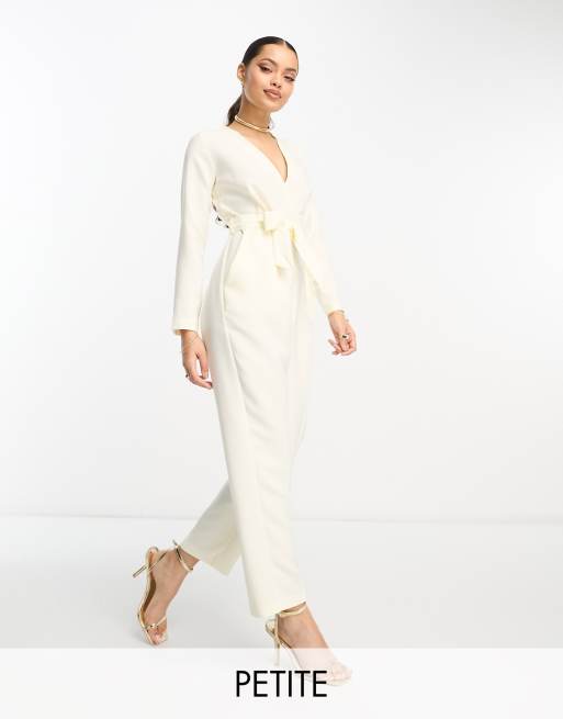 Closet London Petite - Jumpsuit met gestrikte taille en kimonomouwen in crème