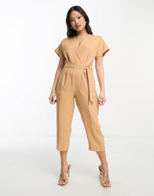 Closet London Petite Kimono Jumpsuit in Sanftbraun mit Wickeldetail vorne ASOS