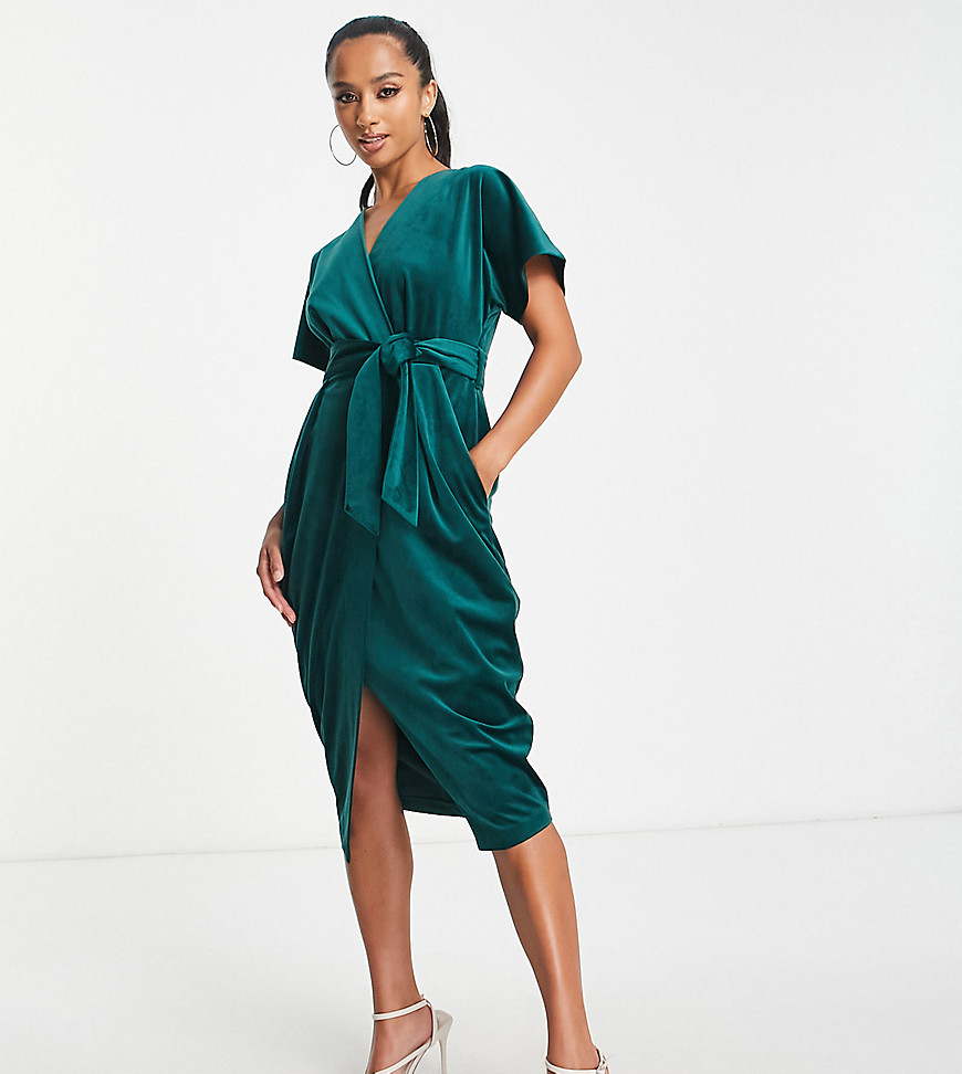 Closet London Petite Kimono Sleeve Velvet Midi Dress With Wrap Tie In Emerald-Green
