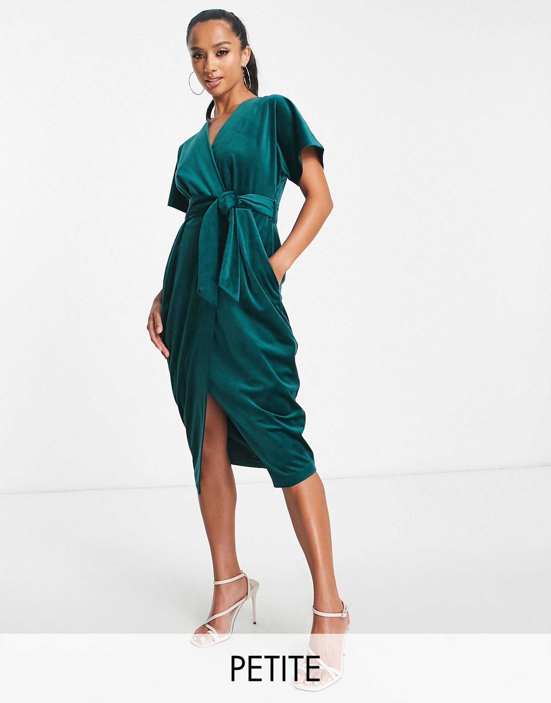 closet london petite kimono sleeve velvet midi dress with wrap tie in emerald