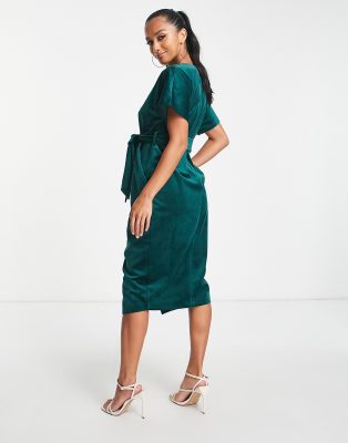 Closet London Petite kimono sleeve velvet midi dress with wrap tie in  emerald