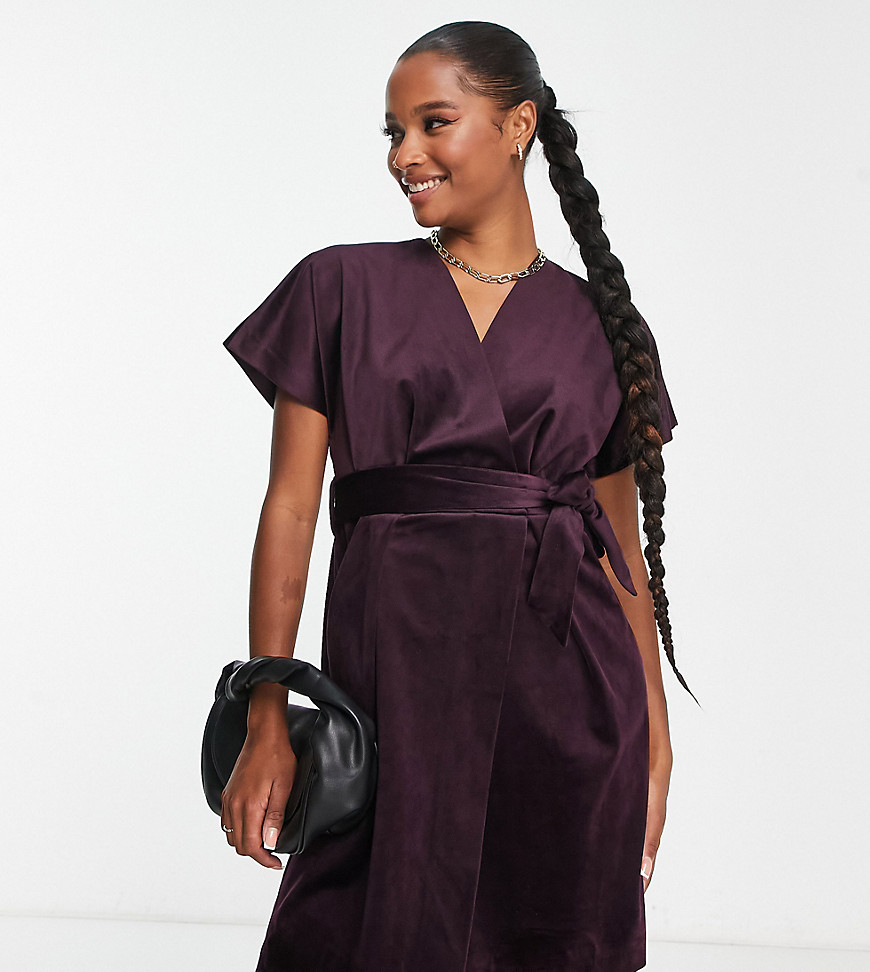 kimono sleeve velvet mini dress with wrap tie in plum-Purple