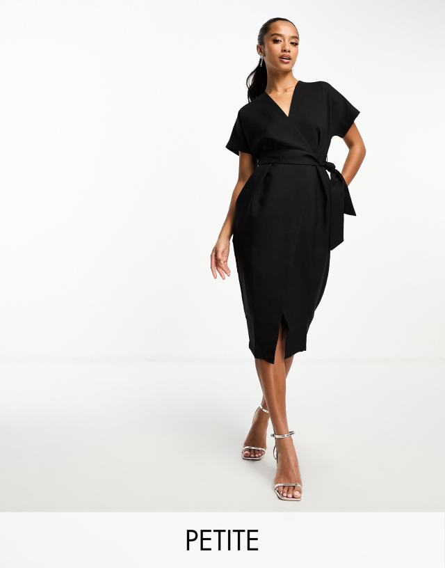 Closet London Petite kimono wrap dress in black