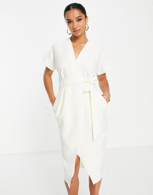 Petite V Neck Wrap Detail Woven Midi Dress