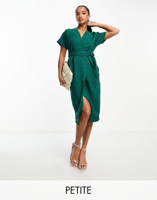 Closet London Petite kimono wrap dress in emerald-Green