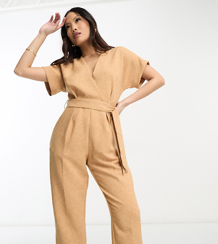kimono wrap front jumpsuit in soft brown