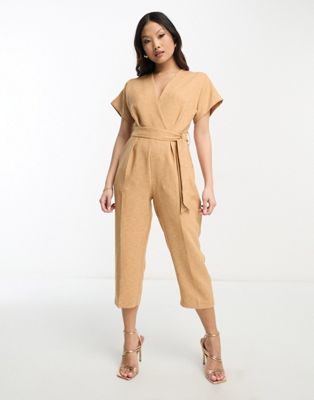 Closet London Petite kimono wrap front jumpsuit in soft brown