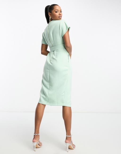 Closet London Petite kimono wrap midi dress in sage green