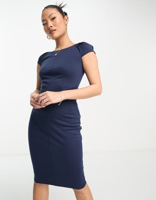 Closet London Petite puff shoulder pencil dress with bodice detail in navy