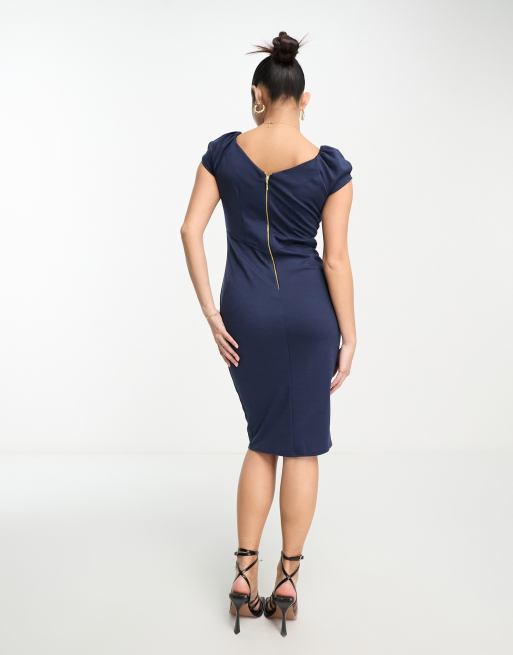 Closet London Petite puff shoulder pencil dress with bodice detail in navy