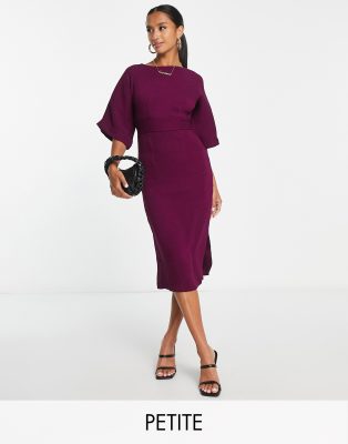 Closet London Petite ribbed pencil midi dress in plum-Red