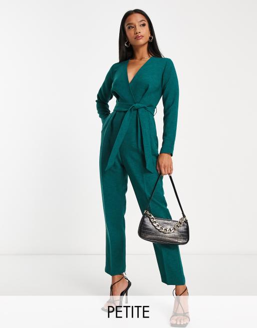 Closet London Petite - Smaragdgrøn kimono-jumpsuit med bindebånd i taljen