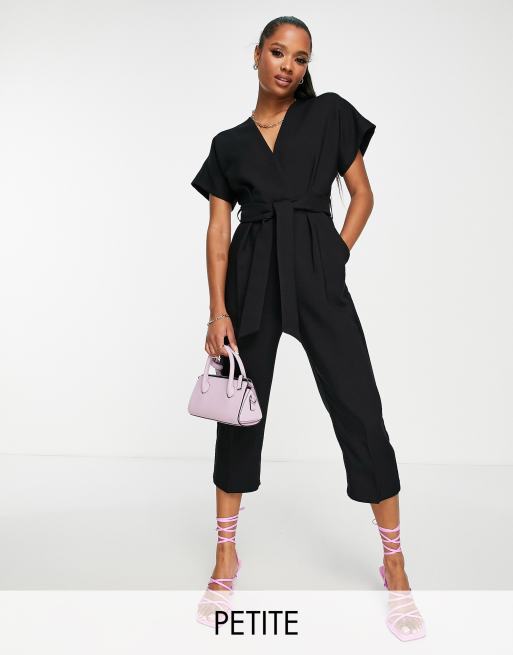 Closet London Petite – Svart jumpsuit i kimonostil med knytning i midjan