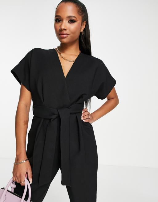 Closet London Plus tie waist kimono jumpsuit in black