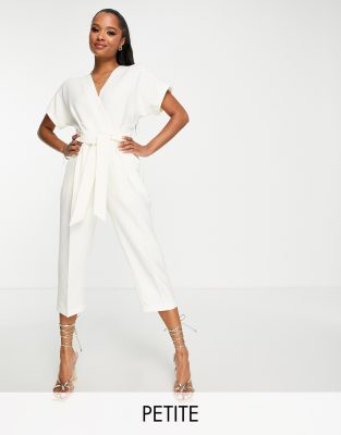 Closet London Petite Tie Waist Kimono Jumpsuit In Cream-white