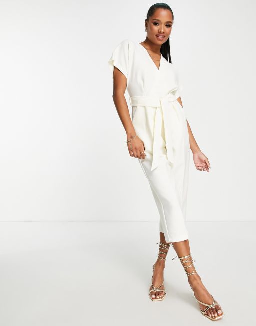 Closet London Petite tie waist kimono jumpsuit in cream | ASOS