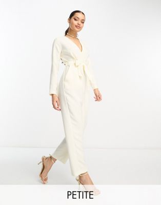 Closet London Petite Tie Waist Kimono Jumpsuit In Cream-white