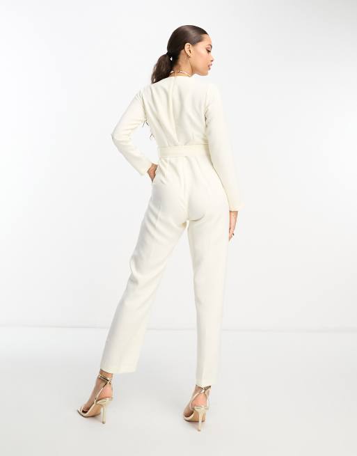 Closet London Petite tie waist kimono jumpsuit in cream