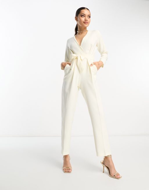 Closet London Petite tie waist kimono jumpsuit in cream