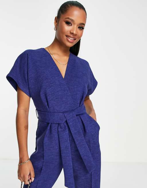 Closet London Petite tie waist kimono jumpsuit in navy