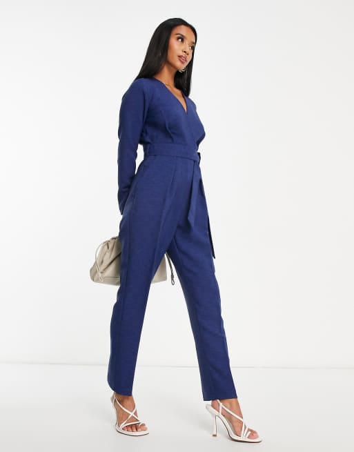 Closet London Petite tie waist kimono jumpsuit in navy